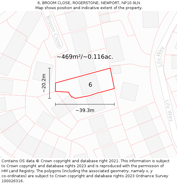 6, BROOM CLOSE, ROGERSTONE, NEWPORT, NP10 9LN: Plot and title map