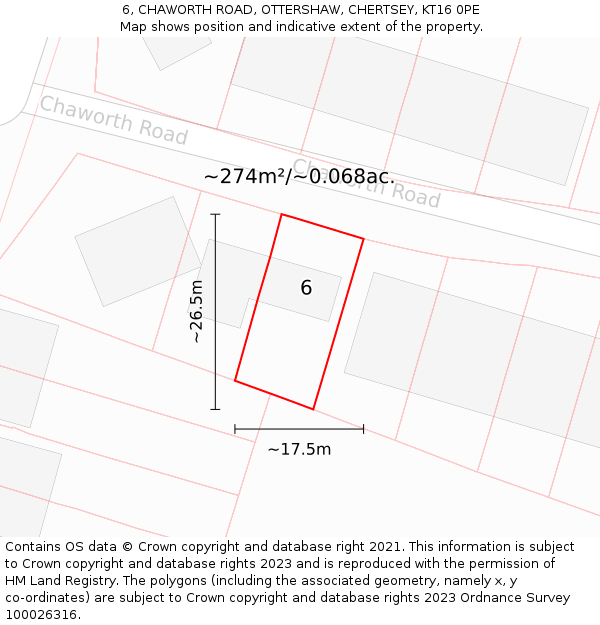 6, CHAWORTH ROAD, OTTERSHAW, CHERTSEY, KT16 0PE: Plot and title map