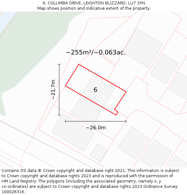 6, COLUMBA DRIVE, LEIGHTON BUZZARD, LU7 3YN: Plot and title map