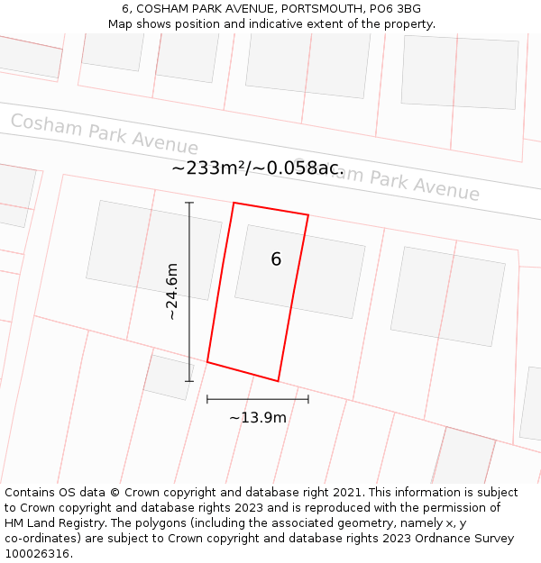 6, COSHAM PARK AVENUE, PORTSMOUTH, PO6 3BG: Plot and title map