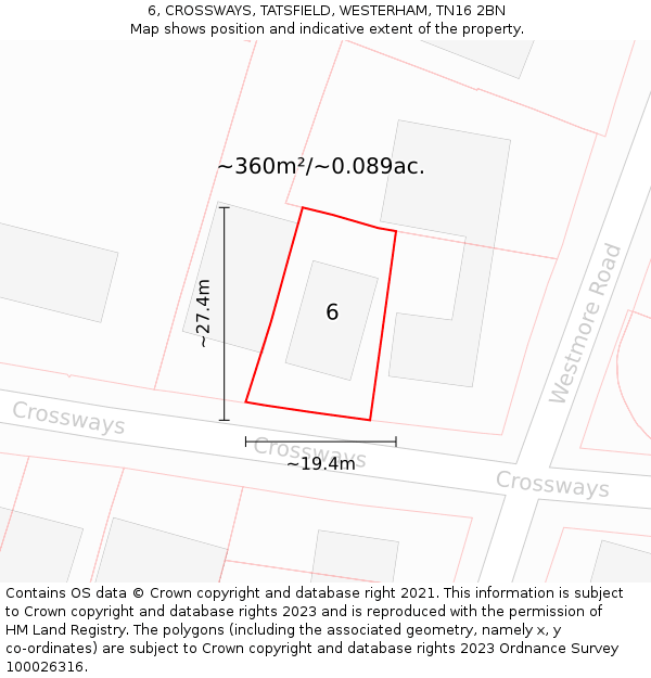 6, CROSSWAYS, TATSFIELD, WESTERHAM, TN16 2BN: Plot and title map