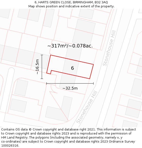 6, HARTS GREEN CLOSE, BIRMINGHAM, B32 3AQ: Plot and title map