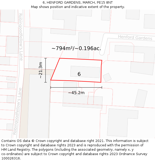 6, HENFORD GARDENS, MARCH, PE15 8NT: Plot and title map