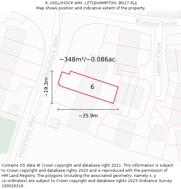 6, HOLLYHOCK WAY, LITTLEHAMPTON, BN17 6UJ: Plot and title map