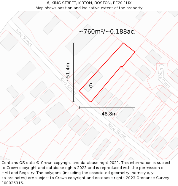 6, KING STREET, KIRTON, BOSTON, PE20 1HX: Plot and title map