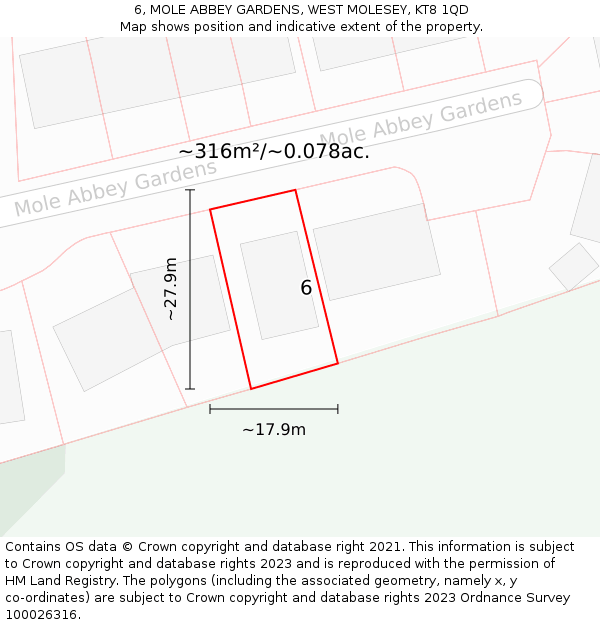 6, MOLE ABBEY GARDENS, WEST MOLESEY, KT8 1QD: Plot and title map