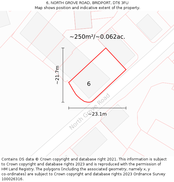 6, NORTH GROVE ROAD, BRIDPORT, DT6 3FU: Plot and title map