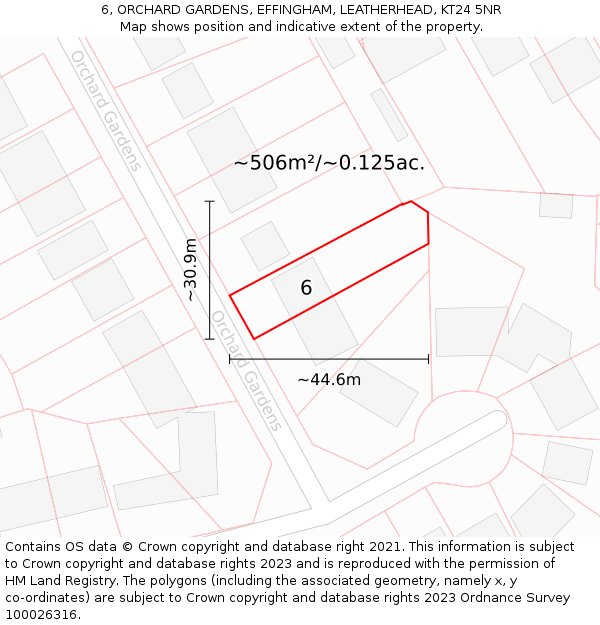 6, ORCHARD GARDENS, EFFINGHAM, LEATHERHEAD, KT24 5NR: Plot and title map