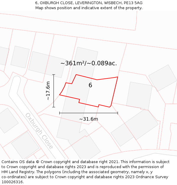 6, OXBURGH CLOSE, LEVERINGTON, WISBECH, PE13 5AG: Plot and title map