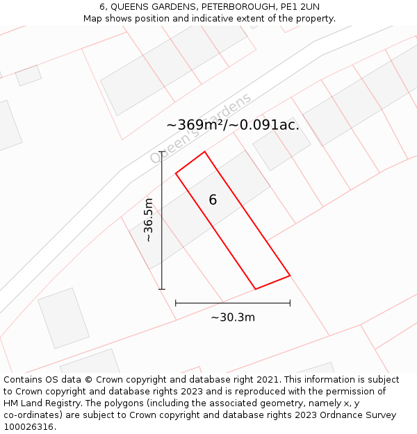 6, QUEENS GARDENS, PETERBOROUGH, PE1 2UN: Plot and title map