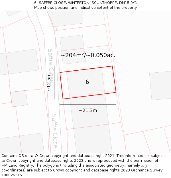 6, SAFFRE CLOSE, WINTERTON, SCUNTHORPE, DN15 9YN: Plot and title map