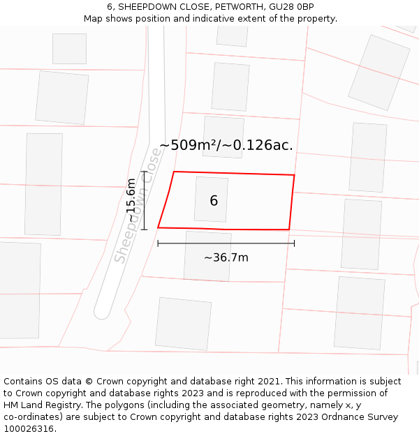 6, SHEEPDOWN CLOSE, PETWORTH, GU28 0BP: Plot and title map