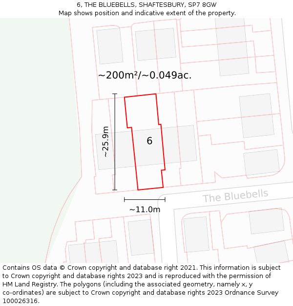 6, THE BLUEBELLS, SHAFTESBURY, SP7 8GW: Plot and title map