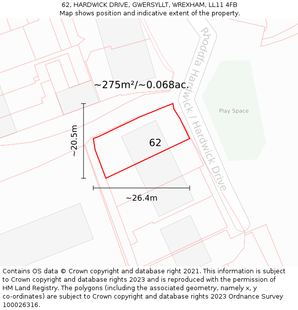 62, HARDWICK DRIVE, GWERSYLLT, WREXHAM, LL11 4FB: Plot and title map