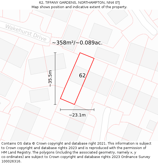 62, TIFFANY GARDENS, NORTHAMPTON, NN4 0TJ: Plot and title map