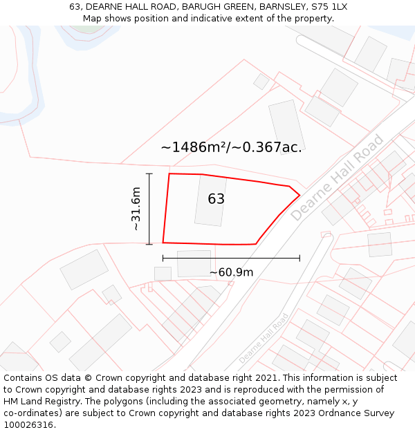 63, DEARNE HALL ROAD, BARUGH GREEN, BARNSLEY, S75 1LX: Plot and title map