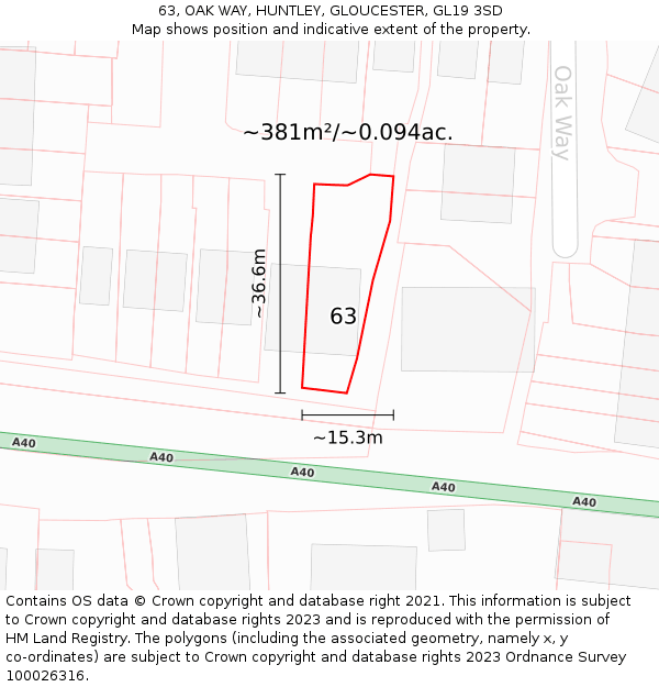 63, OAK WAY, HUNTLEY, GLOUCESTER, GL19 3SD: Plot and title map