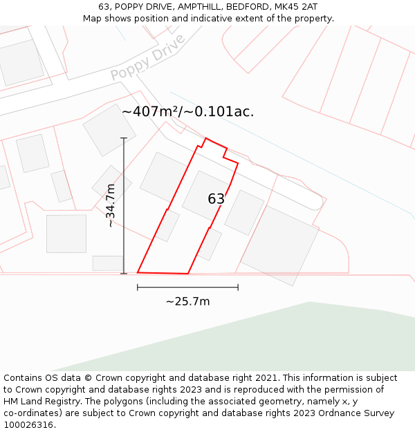 63, POPPY DRIVE, AMPTHILL, BEDFORD, MK45 2AT: Plot and title map