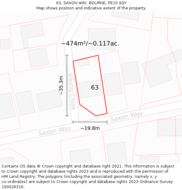 63, SAXON WAY, BOURNE, PE10 9QY: Plot and title map