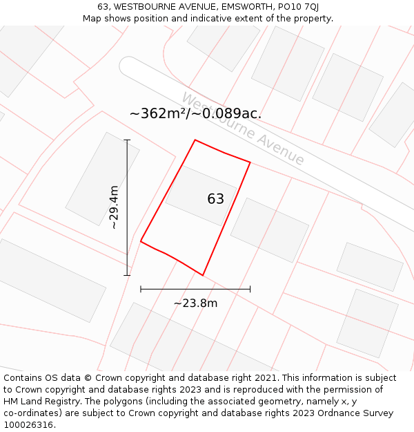 63, WESTBOURNE AVENUE, EMSWORTH, PO10 7QJ: Plot and title map