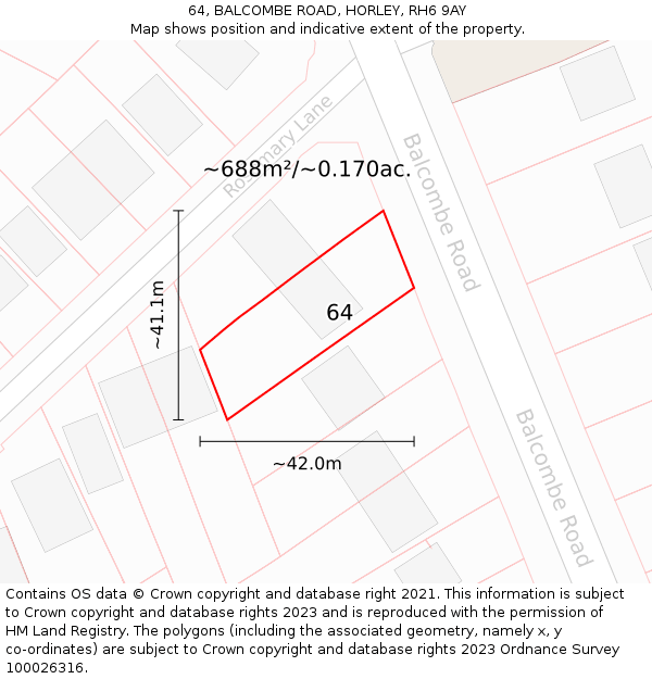 64, BALCOMBE ROAD, HORLEY, RH6 9AY: Plot and title map