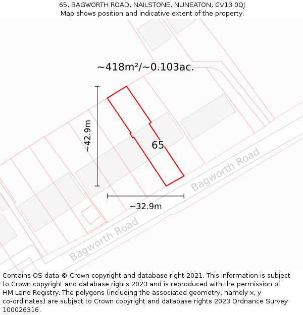 65, BAGWORTH ROAD, NAILSTONE, NUNEATON, CV13 0QJ: Plot and title map