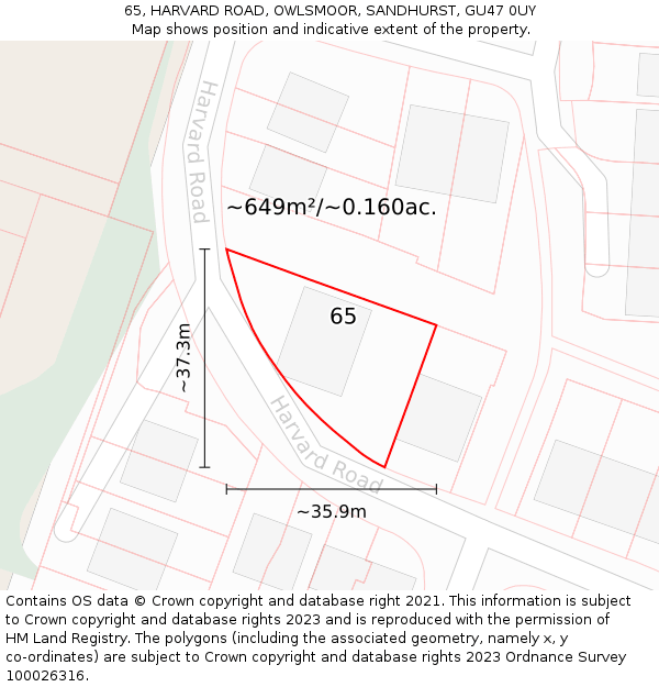 65, HARVARD ROAD, OWLSMOOR, SANDHURST, GU47 0UY: Plot and title map