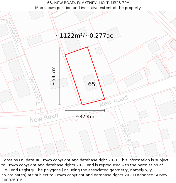 65, NEW ROAD, BLAKENEY, HOLT, NR25 7PA: Plot and title map