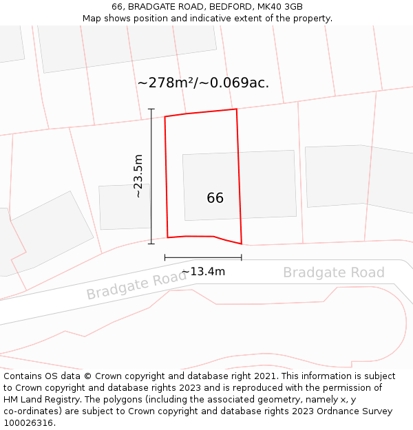 66, BRADGATE ROAD, BEDFORD, MK40 3GB: Plot and title map