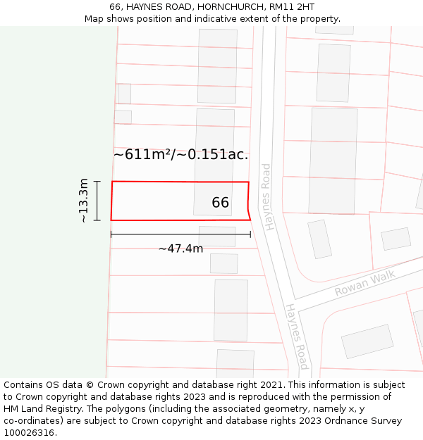 66, HAYNES ROAD, HORNCHURCH, RM11 2HT: Plot and title map