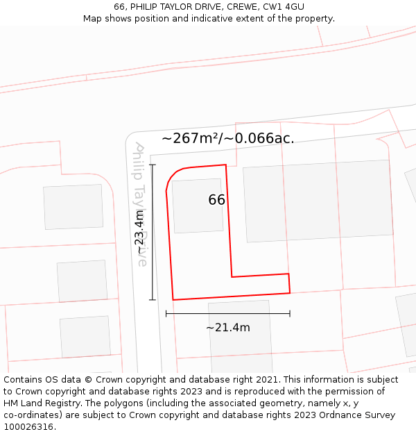 66, PHILIP TAYLOR DRIVE, CREWE, CW1 4GU: Plot and title map