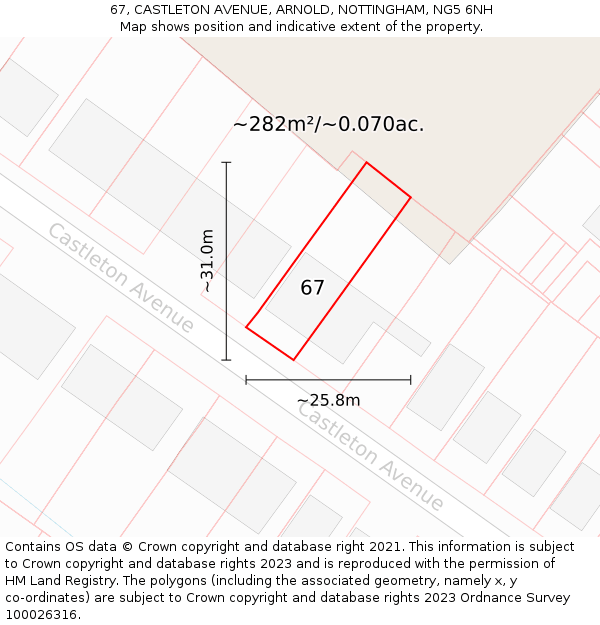 67, CASTLETON AVENUE, ARNOLD, NOTTINGHAM, NG5 6NH: Plot and title map