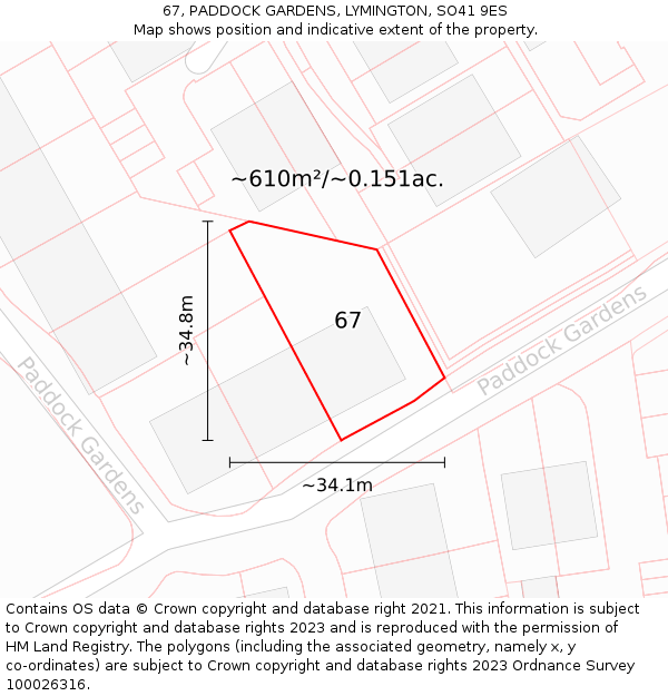 67, PADDOCK GARDENS, LYMINGTON, SO41 9ES: Plot and title map