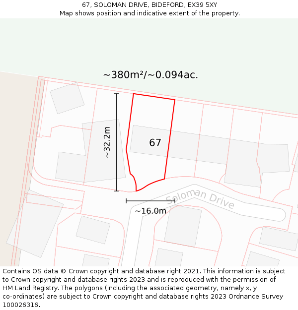 67, SOLOMAN DRIVE, BIDEFORD, EX39 5XY: Plot and title map