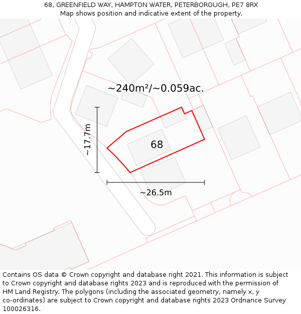 68, GREENFIELD WAY, HAMPTON WATER, PETERBOROUGH, PE7 8RX: Plot and title map