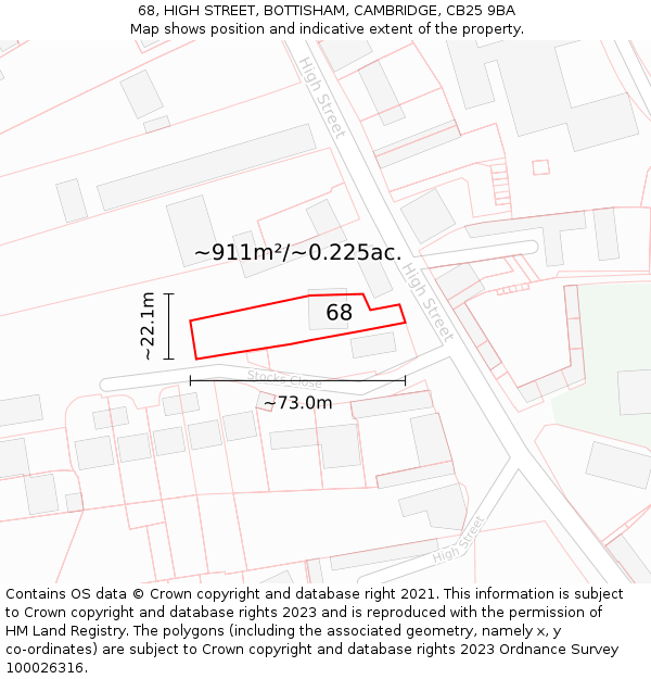 68, HIGH STREET, BOTTISHAM, CAMBRIDGE, CB25 9BA: Plot and title map