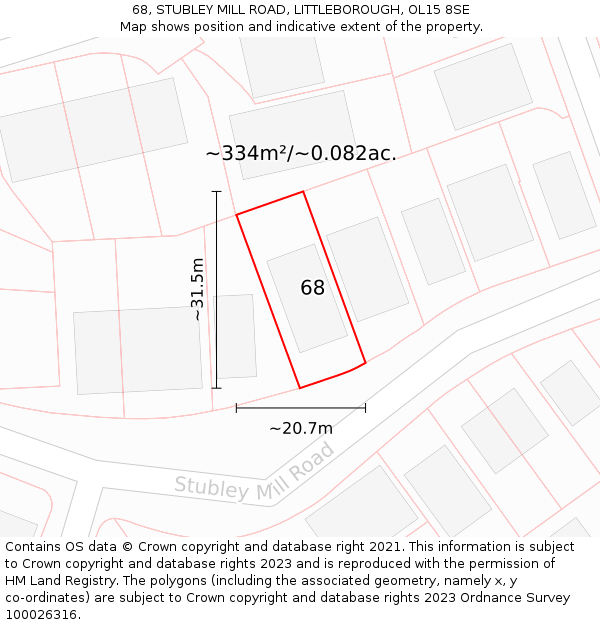 68, STUBLEY MILL ROAD, LITTLEBOROUGH, OL15 8SE: Plot and title map