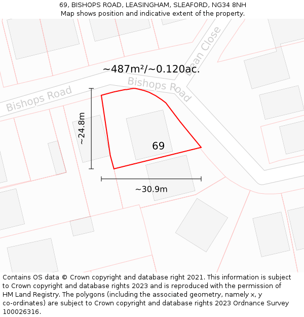 69, BISHOPS ROAD, LEASINGHAM, SLEAFORD, NG34 8NH: Plot and title map