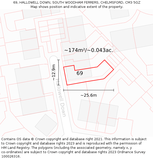 69, HALLOWELL DOWN, SOUTH WOODHAM FERRERS, CHELMSFORD, CM3 5GZ: Plot and title map