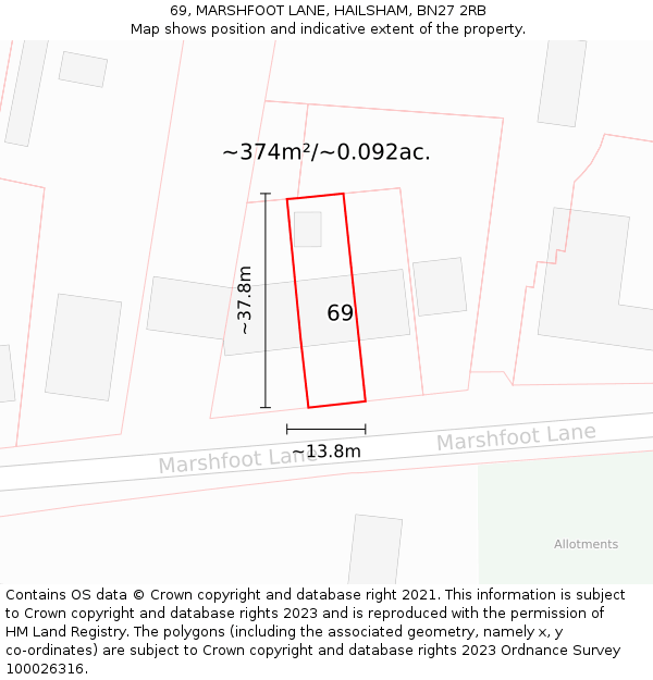 69, MARSHFOOT LANE, HAILSHAM, BN27 2RB: Plot and title map