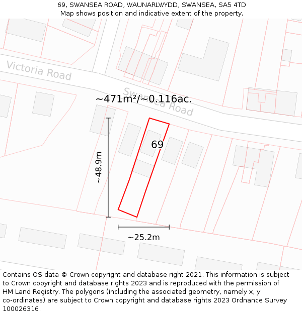 69, SWANSEA ROAD, WAUNARLWYDD, SWANSEA, SA5 4TD: Plot and title map