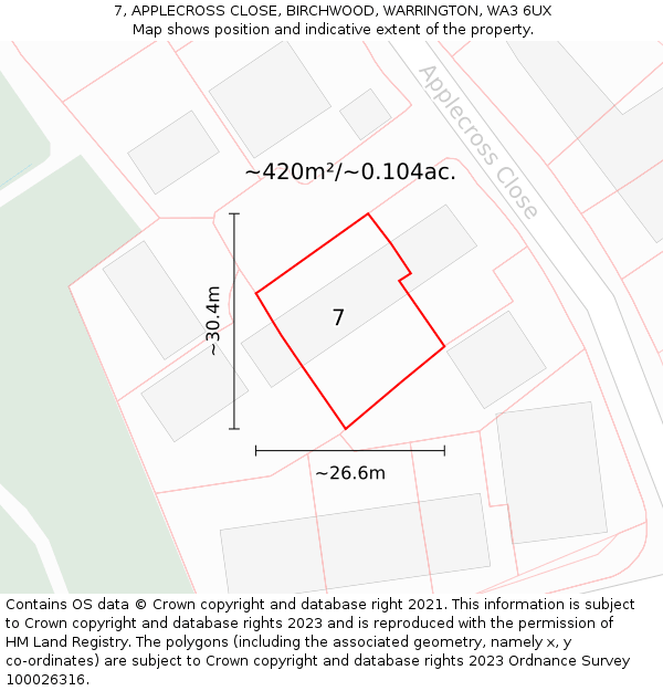 7, APPLECROSS CLOSE, BIRCHWOOD, WARRINGTON, WA3 6UX: Plot and title map