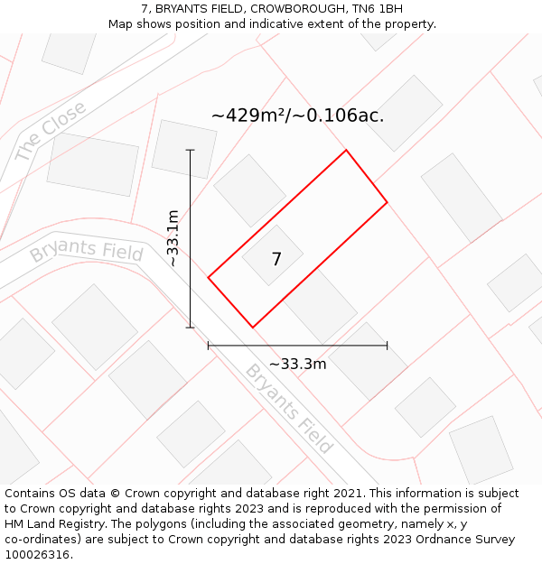 7, BRYANTS FIELD, CROWBOROUGH, TN6 1BH: Plot and title map