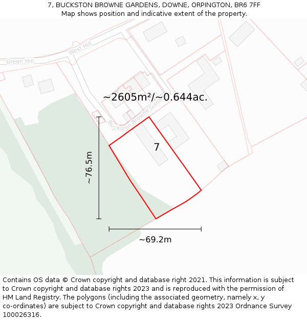 7, BUCKSTON BROWNE GARDENS, DOWNE, ORPINGTON, BR6 7FF: Plot and title map