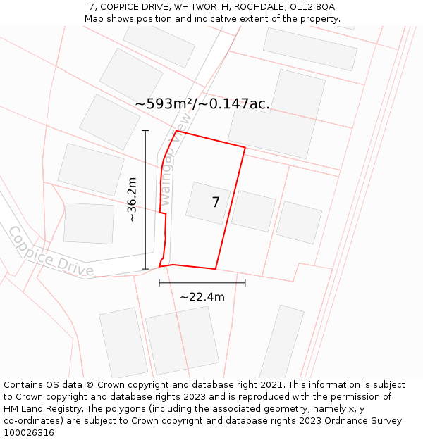 7, COPPICE DRIVE, WHITWORTH, ROCHDALE, OL12 8QA: Plot and title map