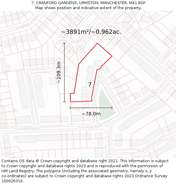 7, CRANFORD GARDENS, URMSTON, MANCHESTER, M41 8SP: Plot and title map