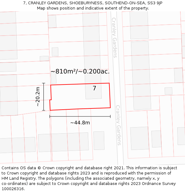 7, CRANLEY GARDENS, SHOEBURYNESS, SOUTHEND-ON-SEA, SS3 9JP: Plot and title map