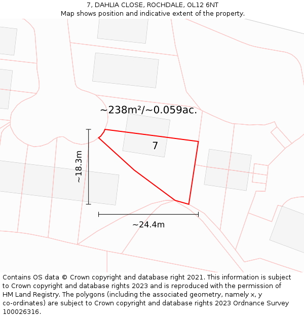 7, DAHLIA CLOSE, ROCHDALE, OL12 6NT: Plot and title map