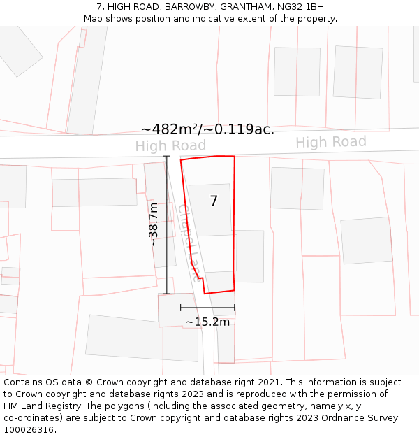 7, HIGH ROAD, BARROWBY, GRANTHAM, NG32 1BH: Plot and title map