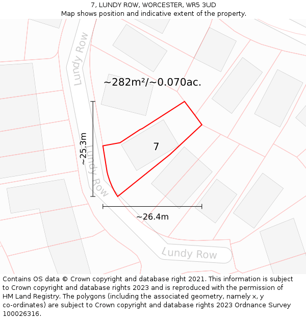 7, LUNDY ROW, WORCESTER, WR5 3UD: Plot and title map